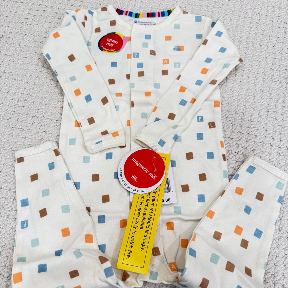 Magnetic Me White Onesie with Blue, Orange, and Brown Squares